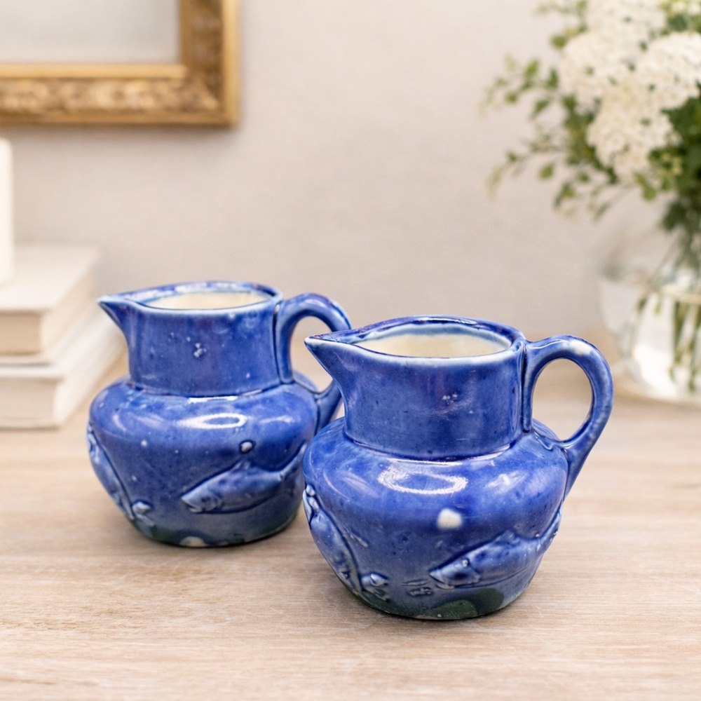 Artisan Blue Ceramic Pitcher Duo
